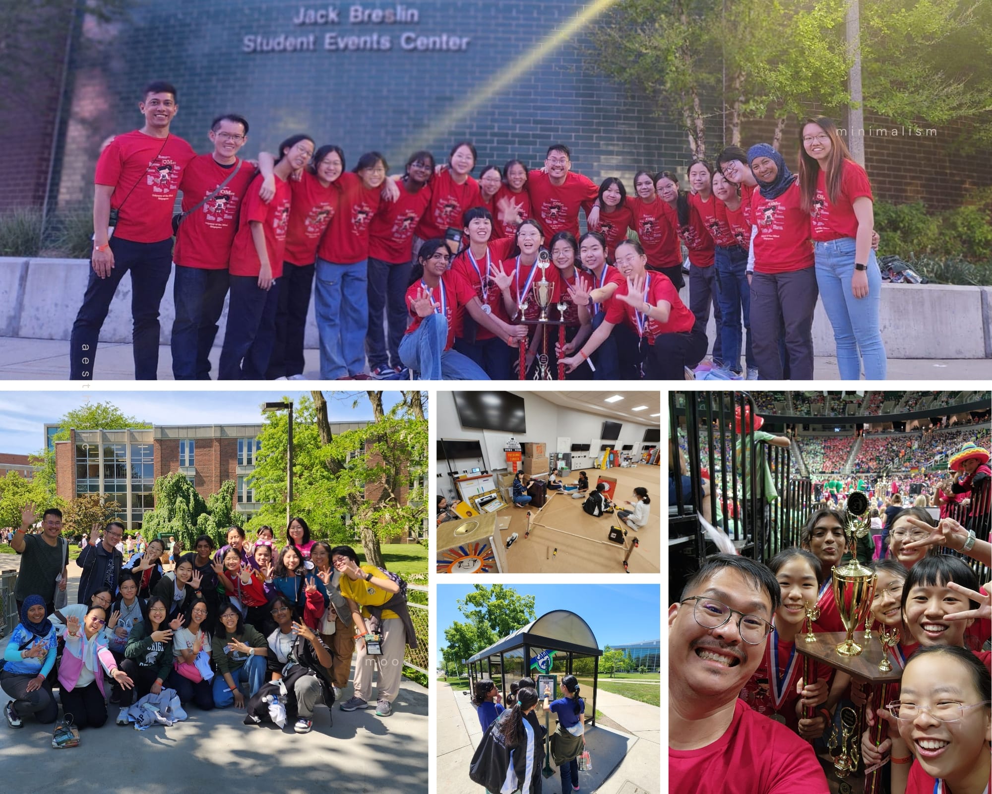 A collage of a student group in red shirts posing with trophies outside Jack Breslin Student Events Center.
